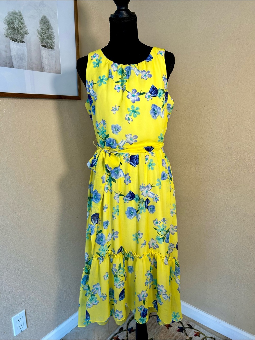 Jessica Howard Butter Yellow Blue Floral Chiffon Midi Dress Size 8
